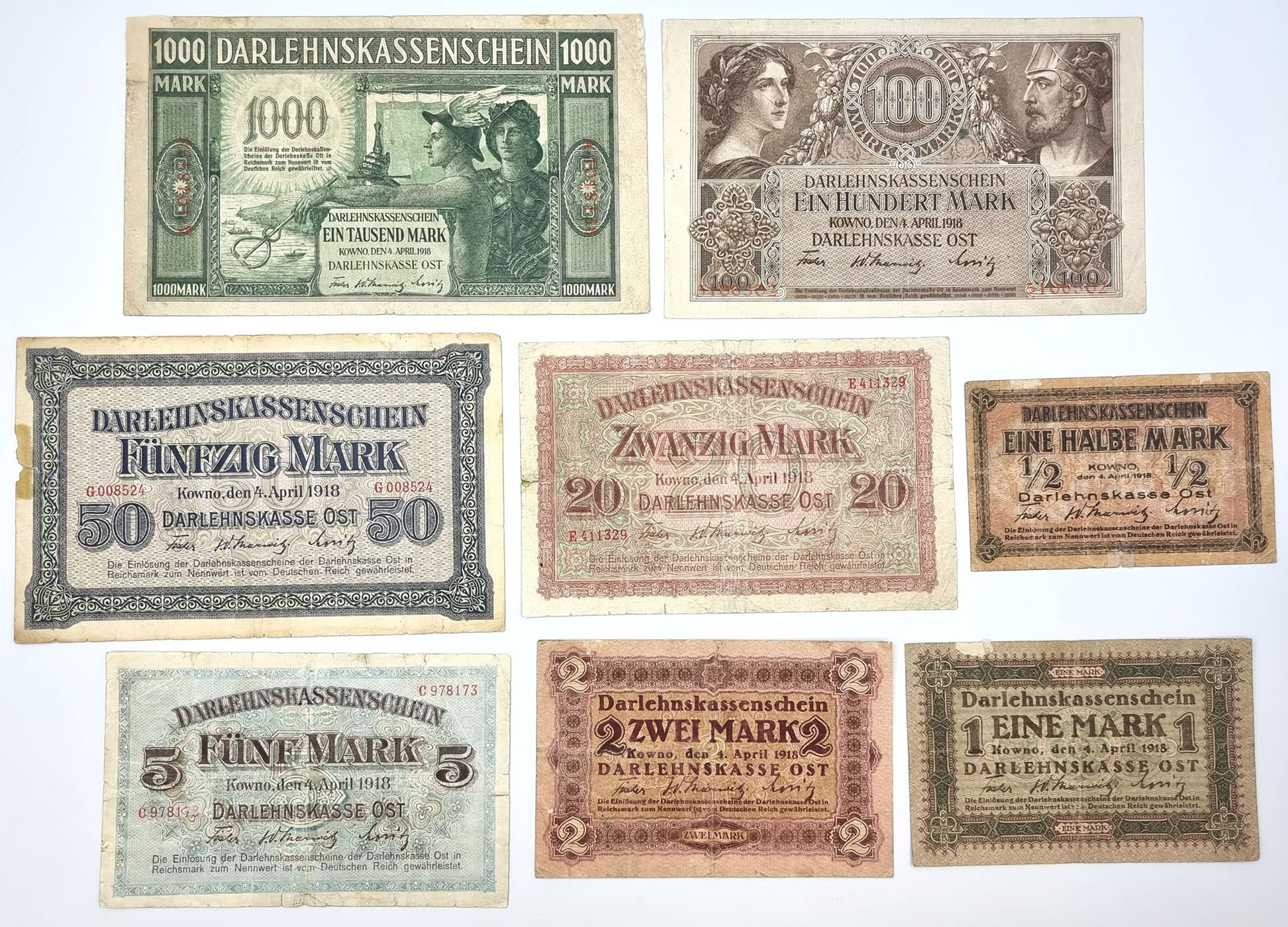 Polska OST. 1/2 – 1.000 marek 1918, Kowno, zestaw 8 banknotów